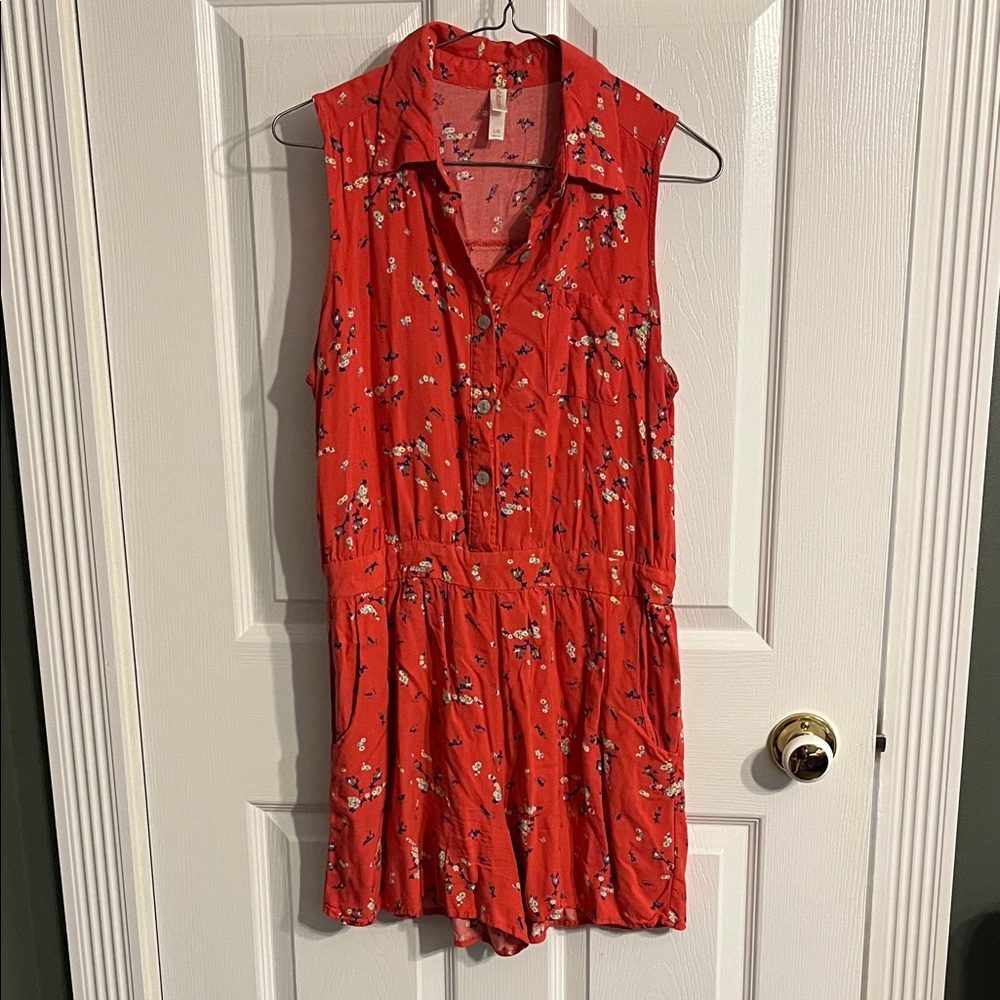 Coral Floral Sleeveless Button Romper